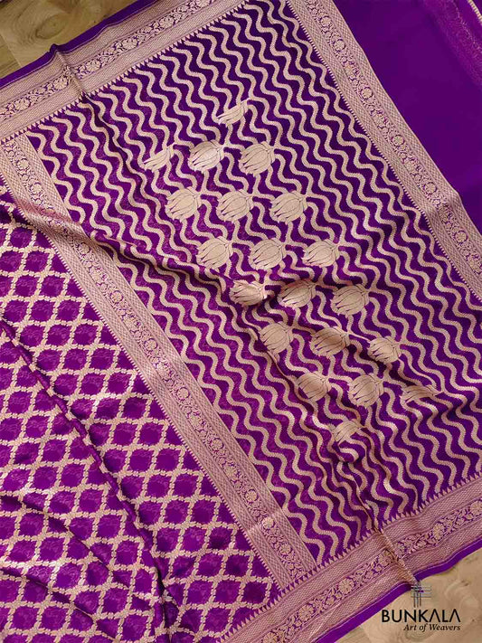 Purple Pure Khaddi Georgette Handloom Jaal Design Banarasi Saree