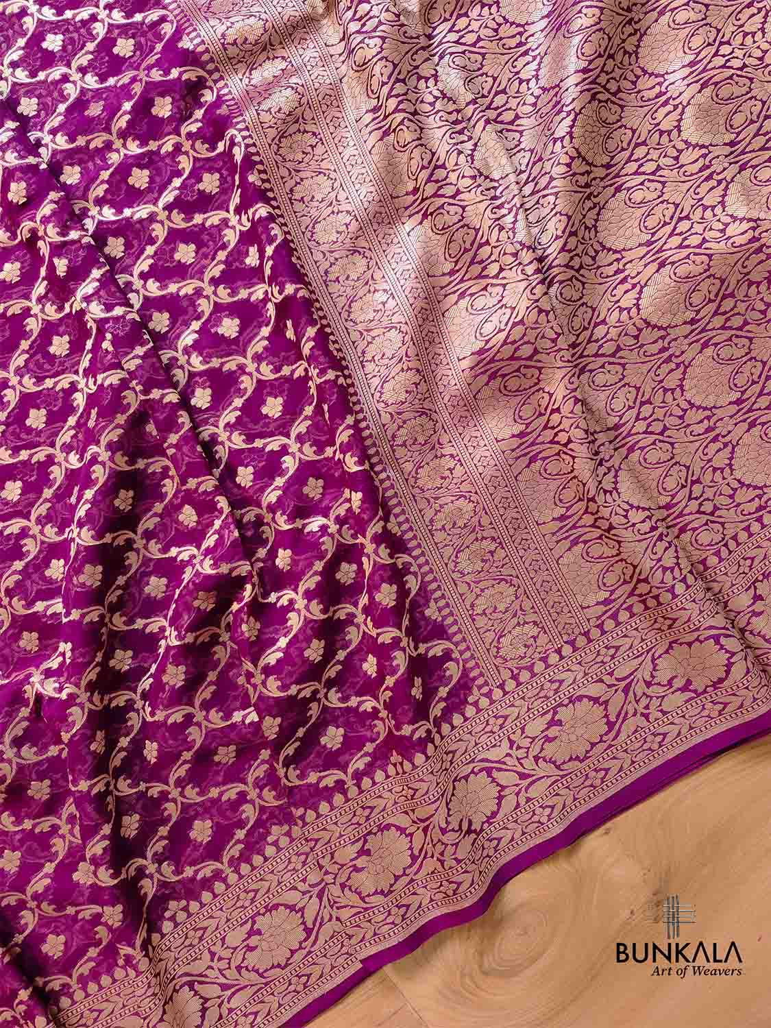Purple Pure Khaddi Georgette Handloom Jaal Design Banarasi Saree