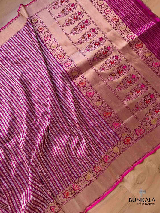 Purple Pure Katan Silk Handloom Sona Rupa Meenakari Stripe Design Banarasi Saree
