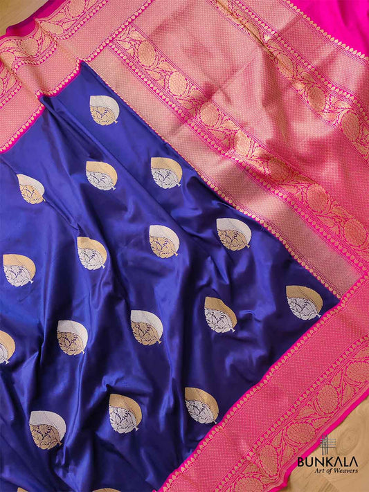 Blue Pure Katan Silk Handloom Big Buta Sona Rupa Banarasi Saree