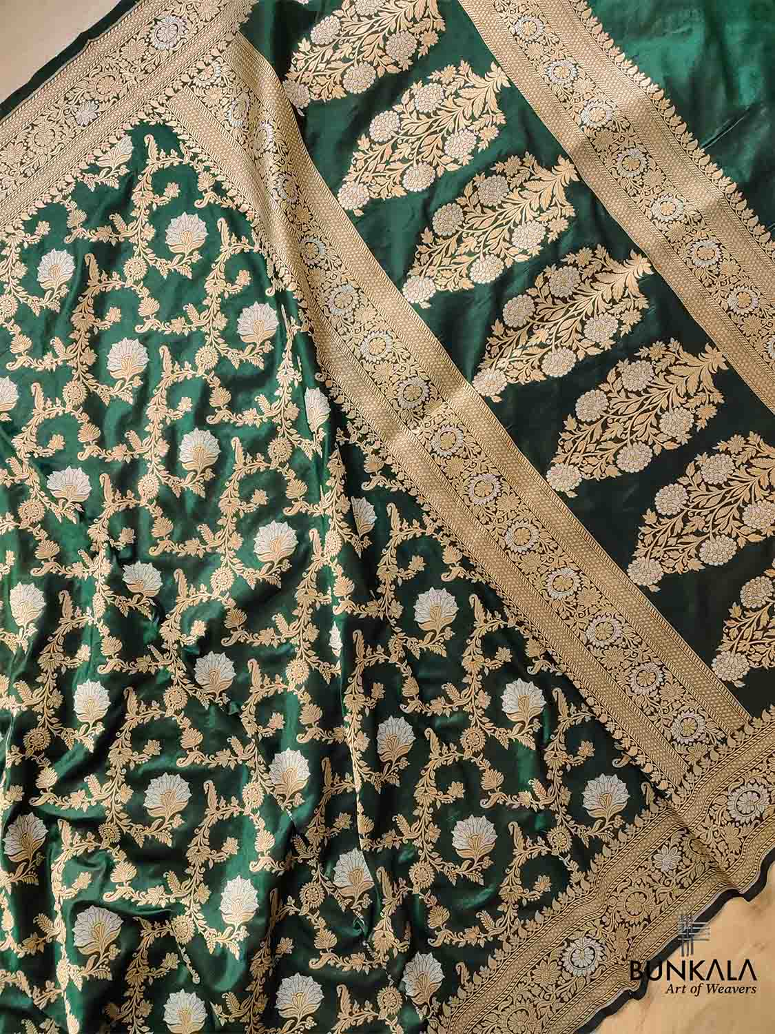 Bottle Green Pure Katan Silk Handloom Sona Rupa Jangla Design Banarasi Saree