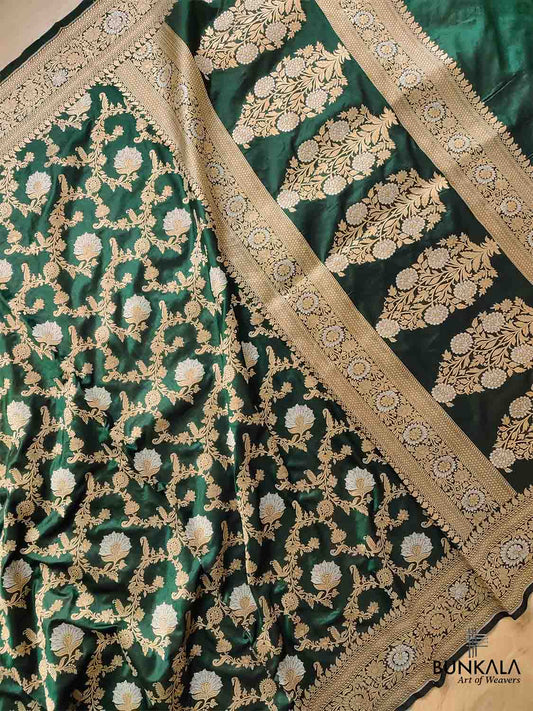 Bottle Green Pure Katan Silk Handloom Sona Rupa Jangla Design Banarasi Saree