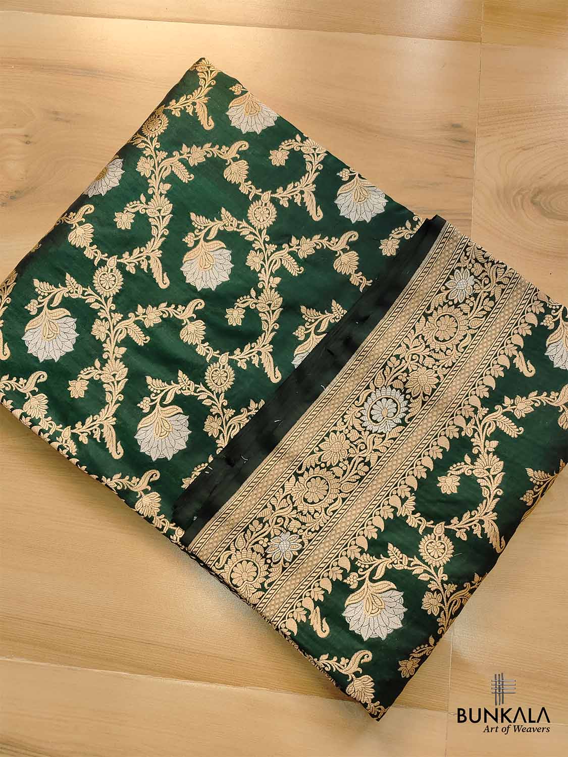 Bottle Green Pure Katan Silk Handloom Sona Rupa Jangla Design Banarasi Saree