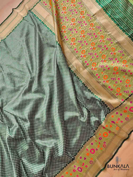 Green Pure Katan Silk Handloom Sona Rupa Meenakari Banarasi Saree
