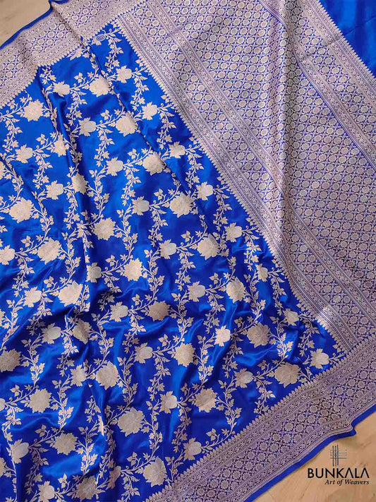 Blue Pure Katan Silk Handloom Sona Rupa Kadwa Jangla Banarasi Saree
