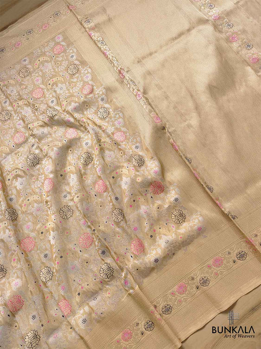 Beige Golden Tissue Katan Silk Handloom Sona Rupa Meenakari Kadwa Jangla Banarasi Saree