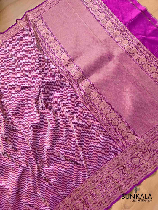 Purple Pure Katan Silk Handloom Zig Zag Design Sona Rupa Banarasi Saree