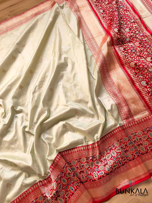 Classic Pastel Green Pure Katan Silk Handloom Allover Sona Rupa Buti Banarasi Saree with Contrast Meenakari Red Border