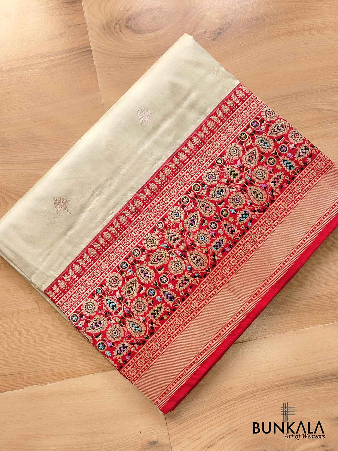 Classic Pastel Green Pure Katan Silk Handloom Allover Sona Rupa Buti Banarasi Saree with Contrast Meenakari Red Border