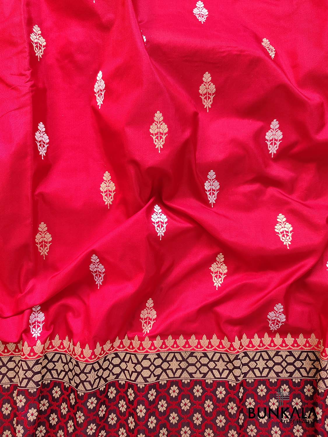 Traditional Red Pure Katan Silk Handloom Allover Sona Rupa Buti Banarasi Saree with Big Border