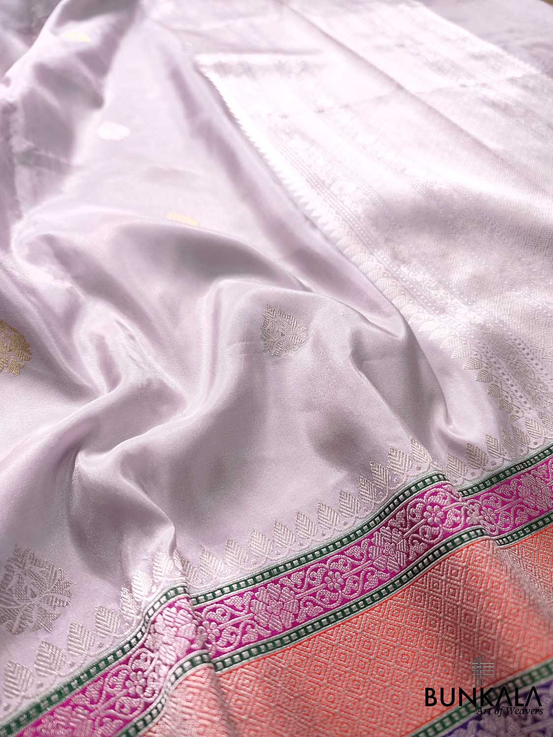 Ethereal Lavender Pure Tissue Katan Silk Handloom Allover Sona Rupa Small Buti Banarasi Saree with Meenakari Border