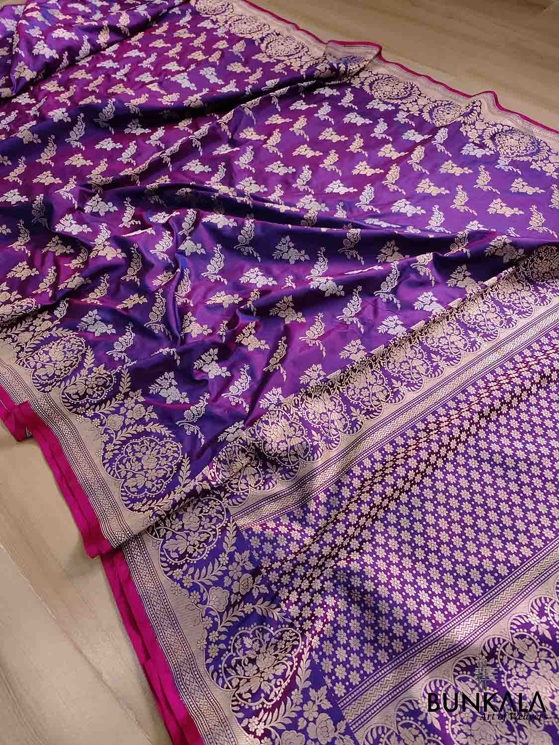 Luxurious Purple Pure Katan Silk Handloom Kadwa Weaved Gold and Silver Zari Floral Design Banarasi Saree