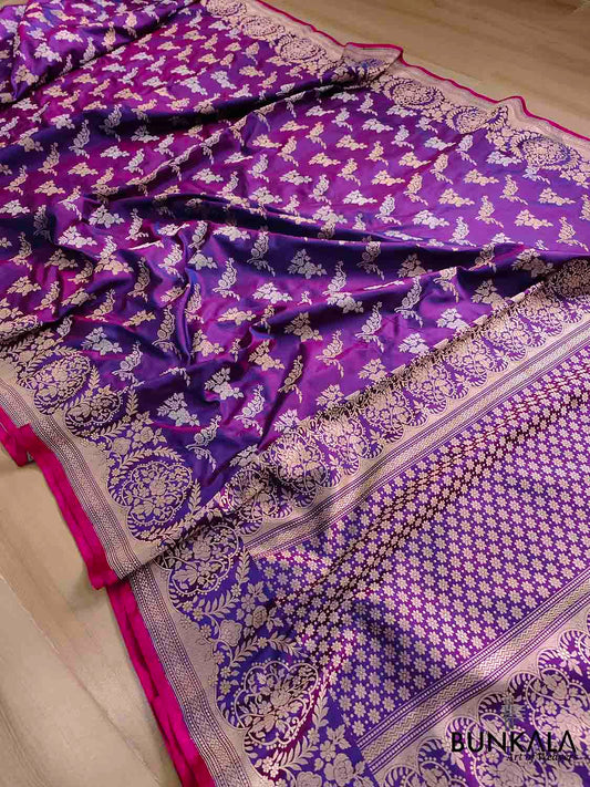 Luxurious Purple Pure Katan Silk Handloom Kadwa Weaved Gold and Silver Zari Floral Design Banarasi Saree