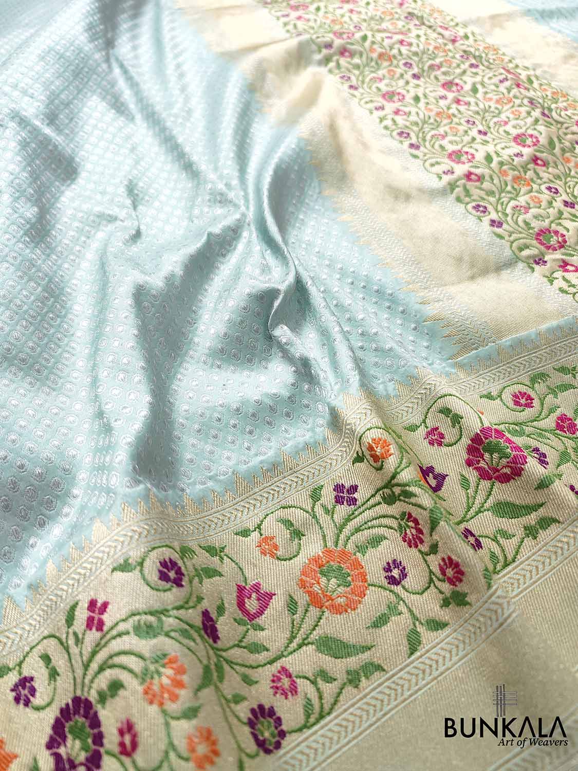 Glimmering Grace Light Blue Pure Katan Silk Handloom Gold and Silver Zari Banarasi Saree with Meenakari Border and Pallu