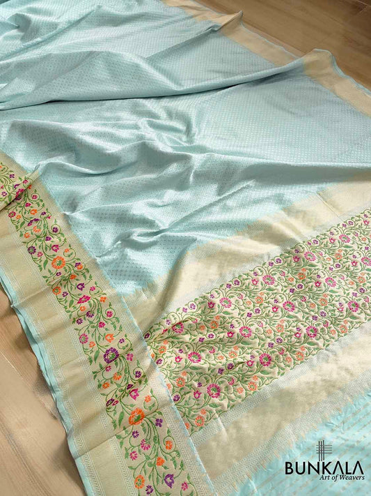 Glimmering Grace Light Blue Pure Katan Silk Handloom Gold and Silver Zari Banarasi Saree with Meenakari Border and Pallu