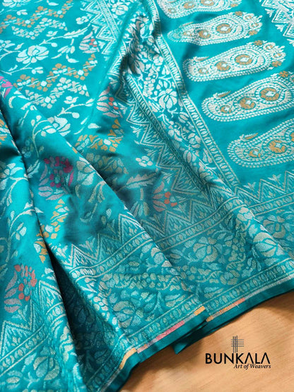 Aqua Blue Ektara Banarasi Jamdani Meenakari Weaved Silk Saree 