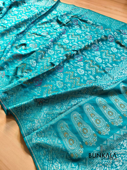 Aqua Blue Ektara Banarasi Jamdani Meenakari Weaved Silk Saree 