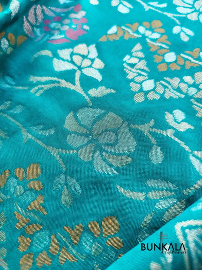 Aqua Blue Ektara Banarasi Jamdani Meenakari Weaved Silk Saree 