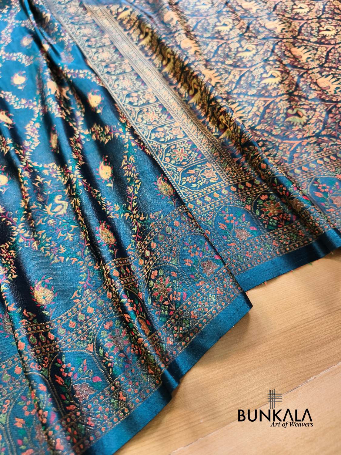 Aqua Blue Elephant and Peacock Banarasi Mashru Silk Saree