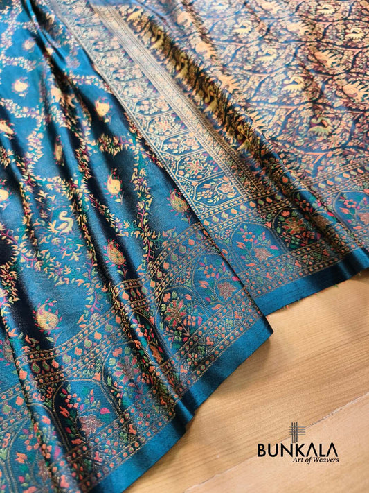 Aqua Blue Elephant and Peacock Banarasi Mashru Silk Saree