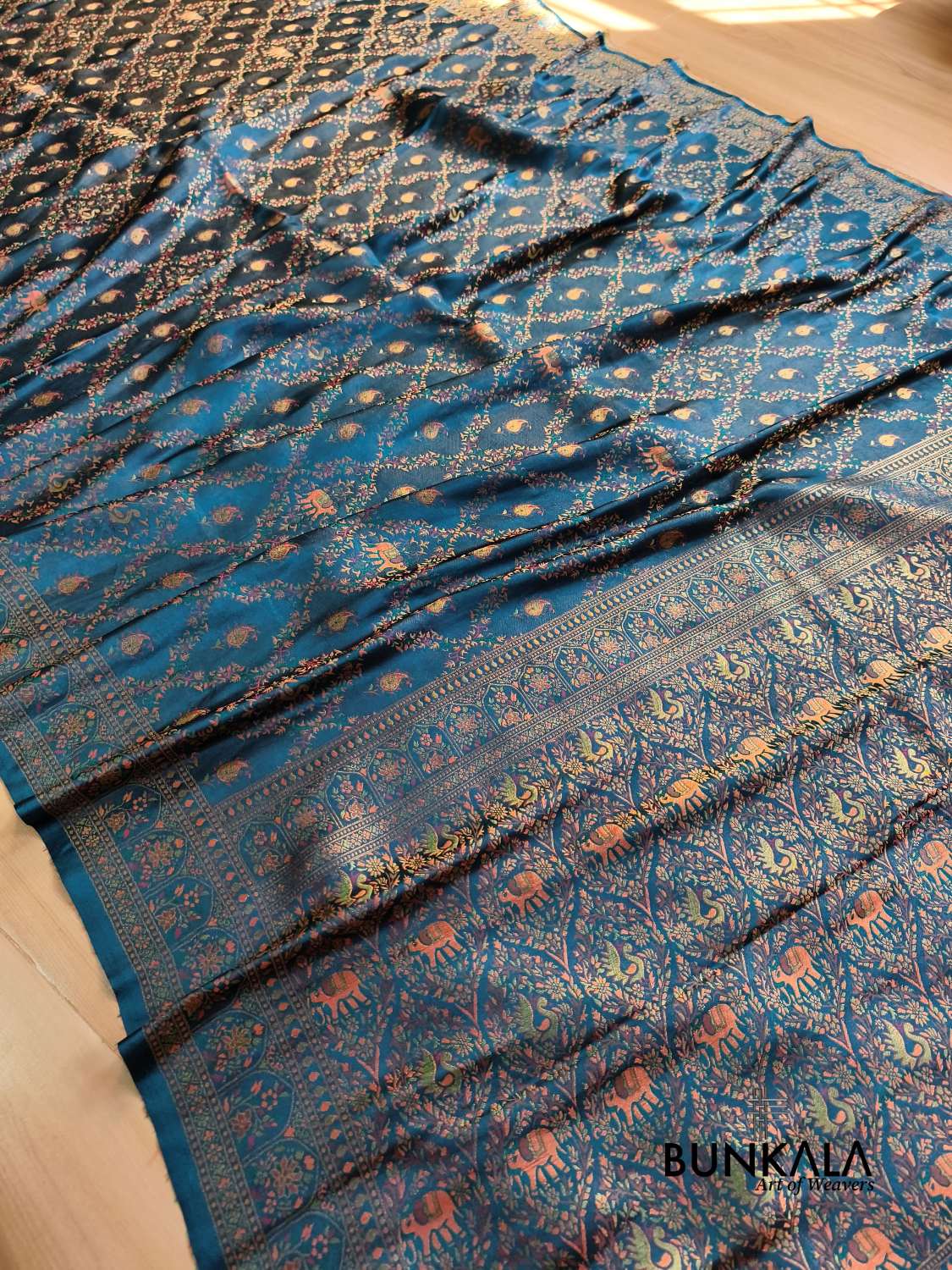 Aqua Blue Elephant and Peacock Banarasi Mashru Silk Saree