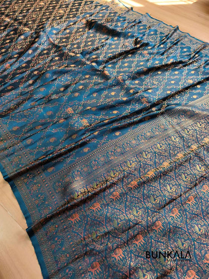 Aqua Blue Elephant and Peacock Banarasi Mashru Silk Saree