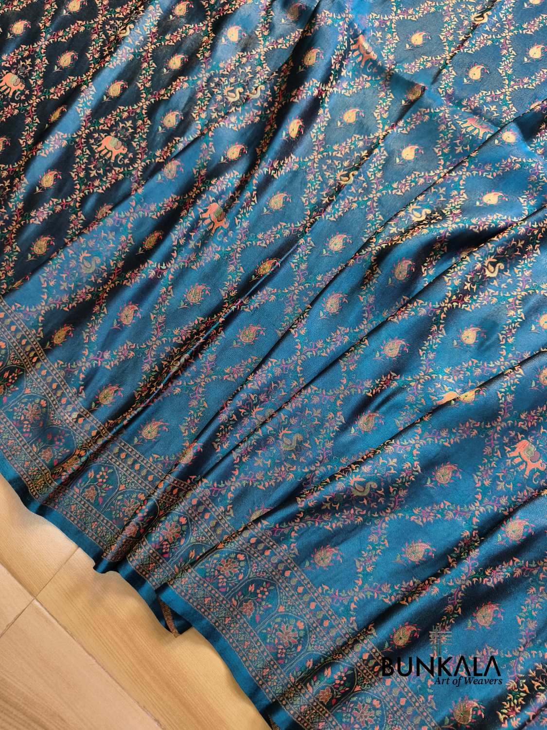 Aqua Blue Elephant and Peacock Banarasi Mashru Silk Saree