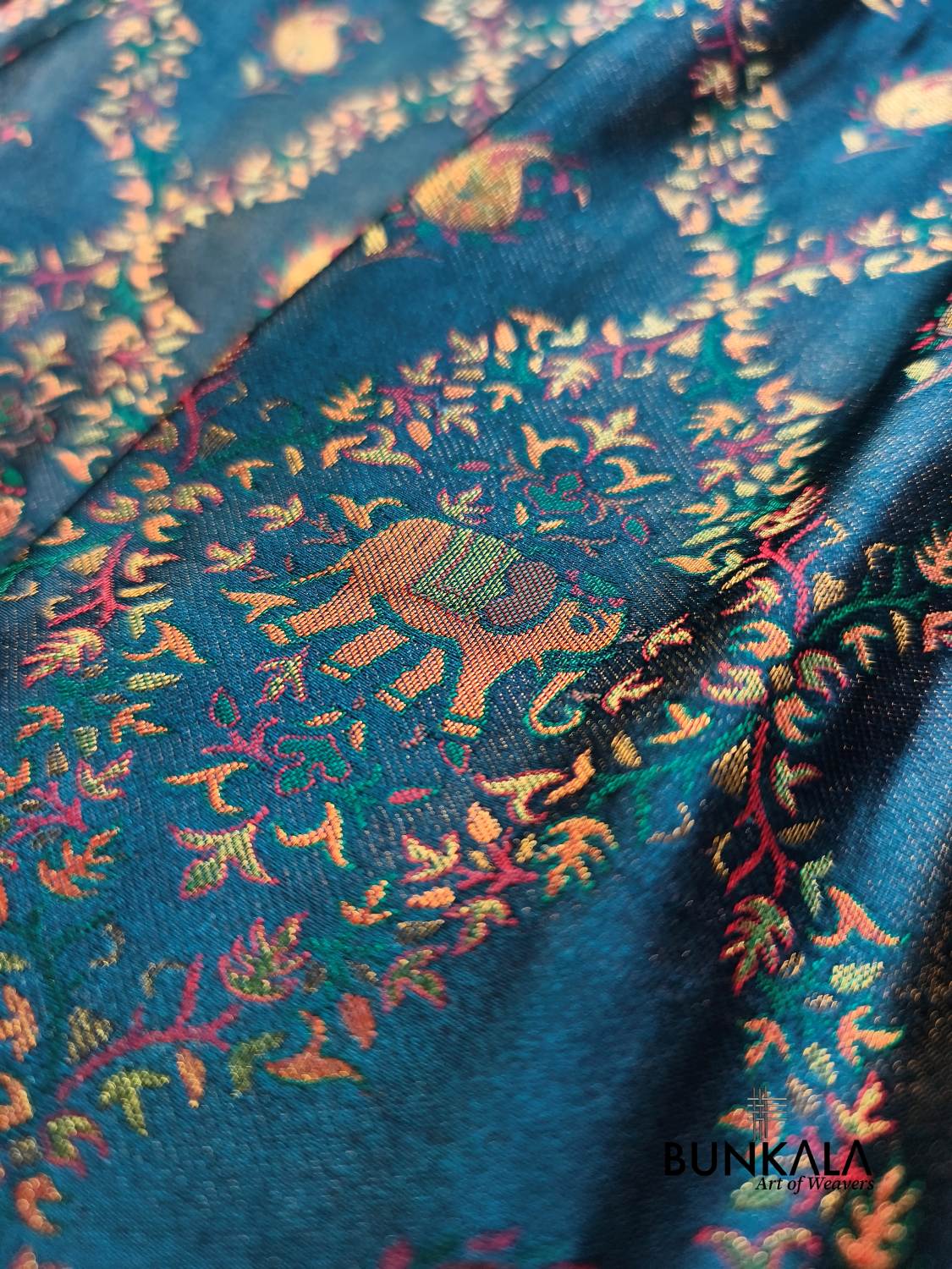 Aqua Blue Elephant and Peacock Banarasi Mashru Silk Saree