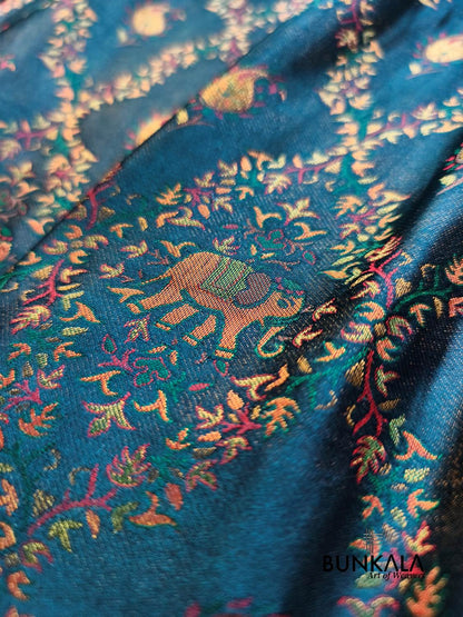 Aqua Blue Elephant and Peacock Banarasi Mashru Silk Saree