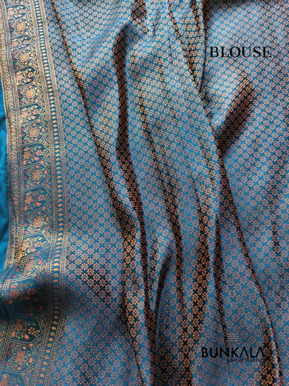 Aqua Blue Elephant and Peacock Banarasi Mashru Silk Saree