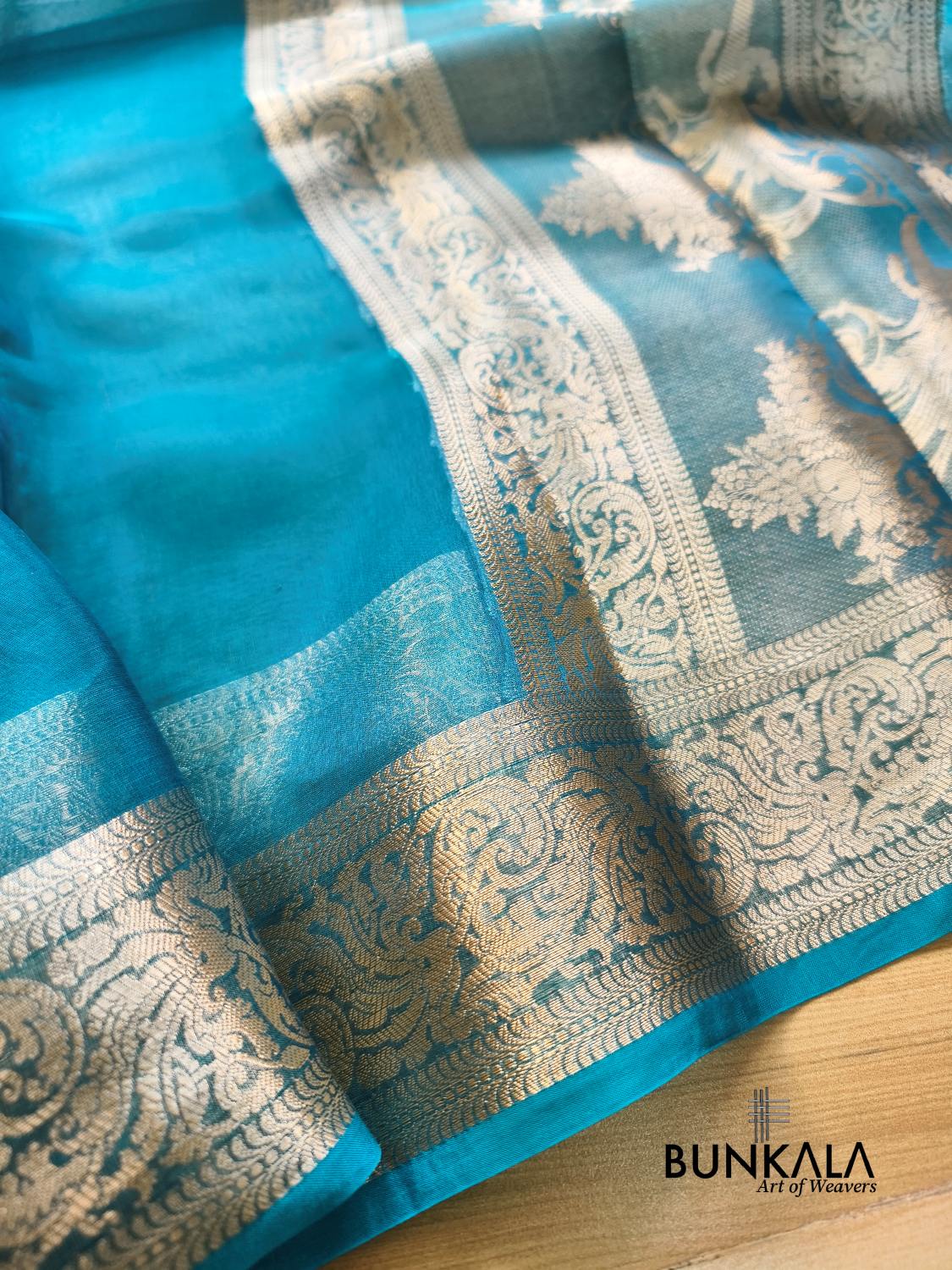 Aqua Blue Plain Handloom Banarasi Pure Tissue Silk Saree 