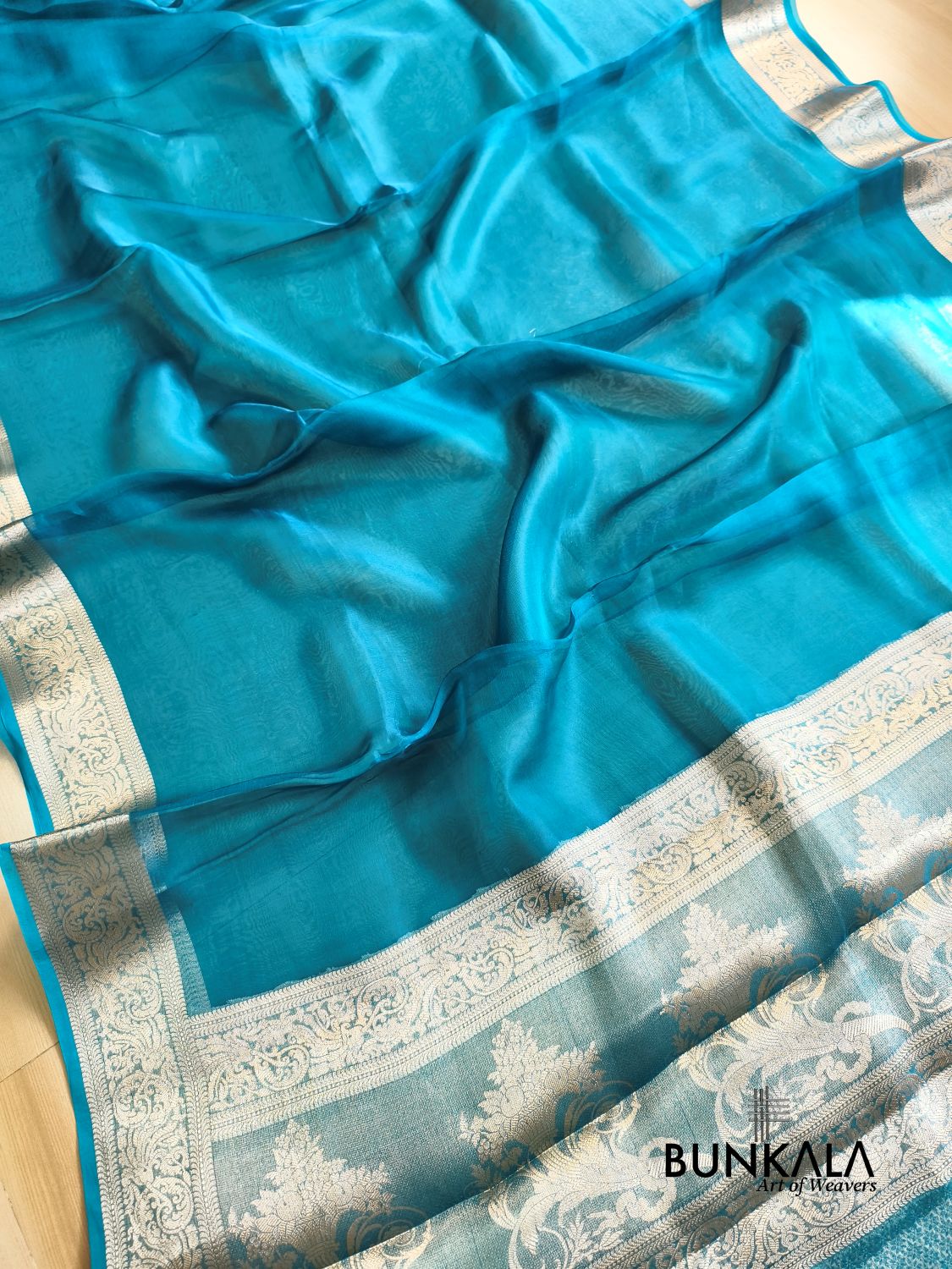 Aqua Blue Plain Handloom Banarasi Pure Tissue Silk Saree 