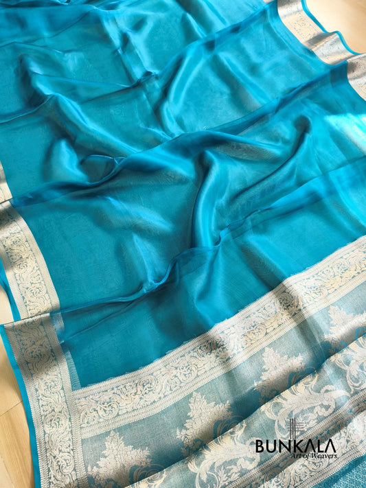 Aqua Blue Plain Handloom Banarasi Pure Tissue Silk Saree 