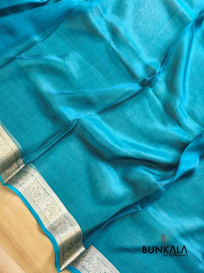 Aqua Blue Plain Handloom Banarasi Pure Tissue Silk Saree 
