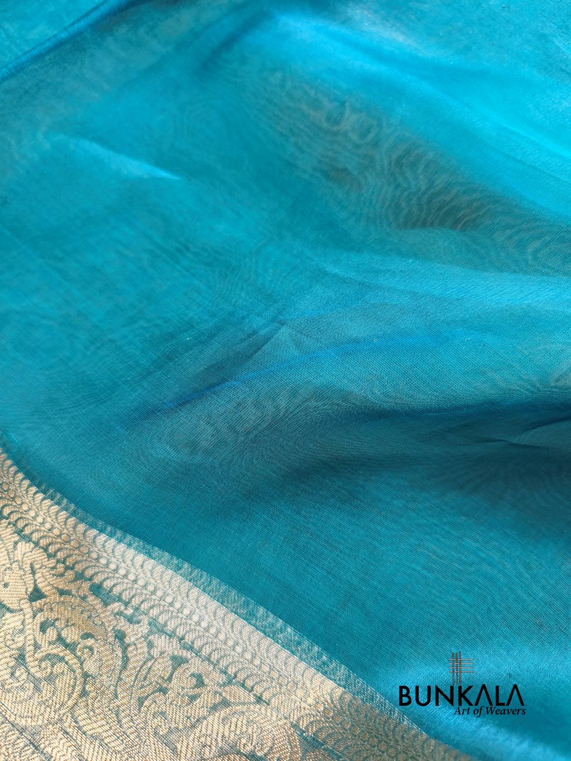 Aqua Blue Plain Handloom Banarasi Pure Tissue Silk Saree 