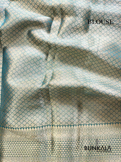 Aqua Blue Plain Handloom Banarasi Pure Tissue Silk Saree 
