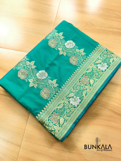 Aqua Blue Sona Rupa Meenakari Stripe Banarasi Silk Saree