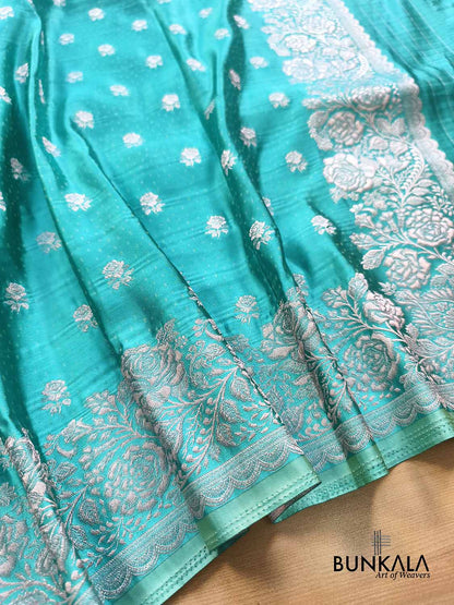 Aqua Blue Vintage Silver Zari Banarasi Mashru Silk Saree