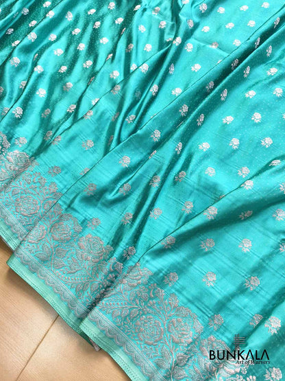Aqua Blue Vintage Silver Zari Banarasi Mashru Silk Saree