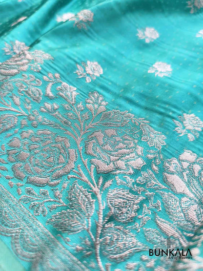 Aqua Blue Vintage Silver Zari Banarasi Mashru Silk Saree