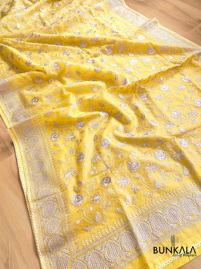 Sunshine Yellow Banarasi Organza Silver Zari Work Floral Design Embroidery Saree