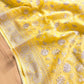 Sunshine Yellow Banarasi Organza Silver Zari Work Floral Design Embroidery Saree