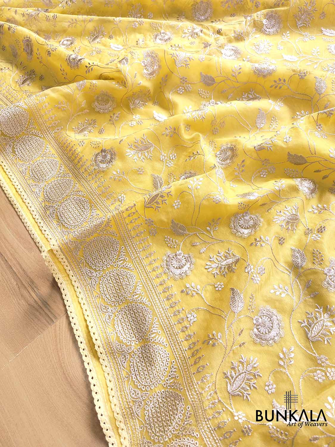 Sunshine Yellow Banarasi Organza Silver Zari Work Floral Design Embroidery Saree