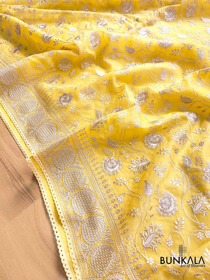 Sunshine Yellow Banarasi Organza Silver Zari Work Floral Design Embroidery Saree