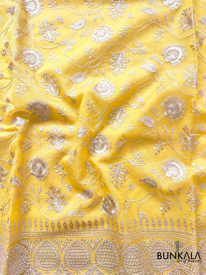 Sunshine Yellow Banarasi Organza Silver Zari Work Floral Design Embroidery Saree
