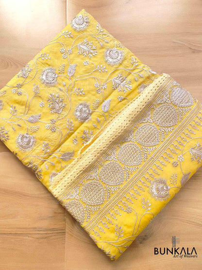 Sunshine Yellow Banarasi Organza Silver Zari Work Floral Design Embroidery Saree
