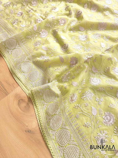 Pista Green Banarasi Organza Silver Zari Work Floral Design Embroidery Saree