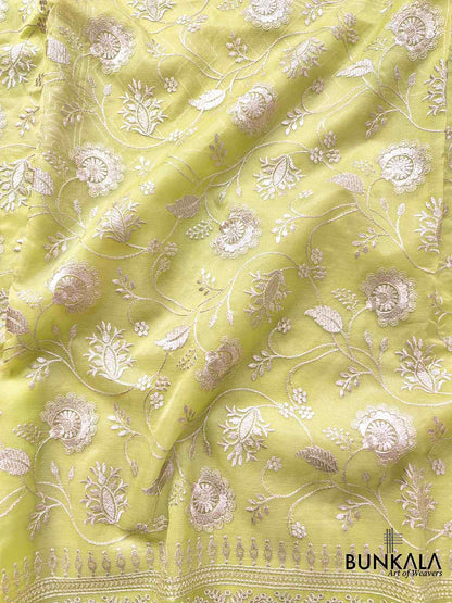 Pista Green Banarasi Organza Silver Zari Work Floral Design Embroidery Saree