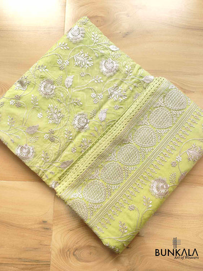 Pista Green Banarasi Organza Silver Zari Work Floral Design Embroidery Saree