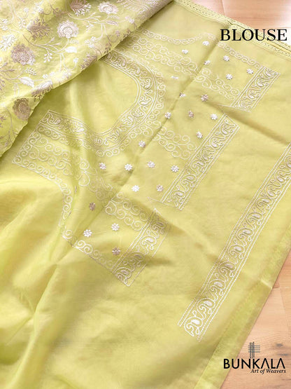 Pista Green Banarasi Organza Silver Zari Work Floral Design Embroidery Saree